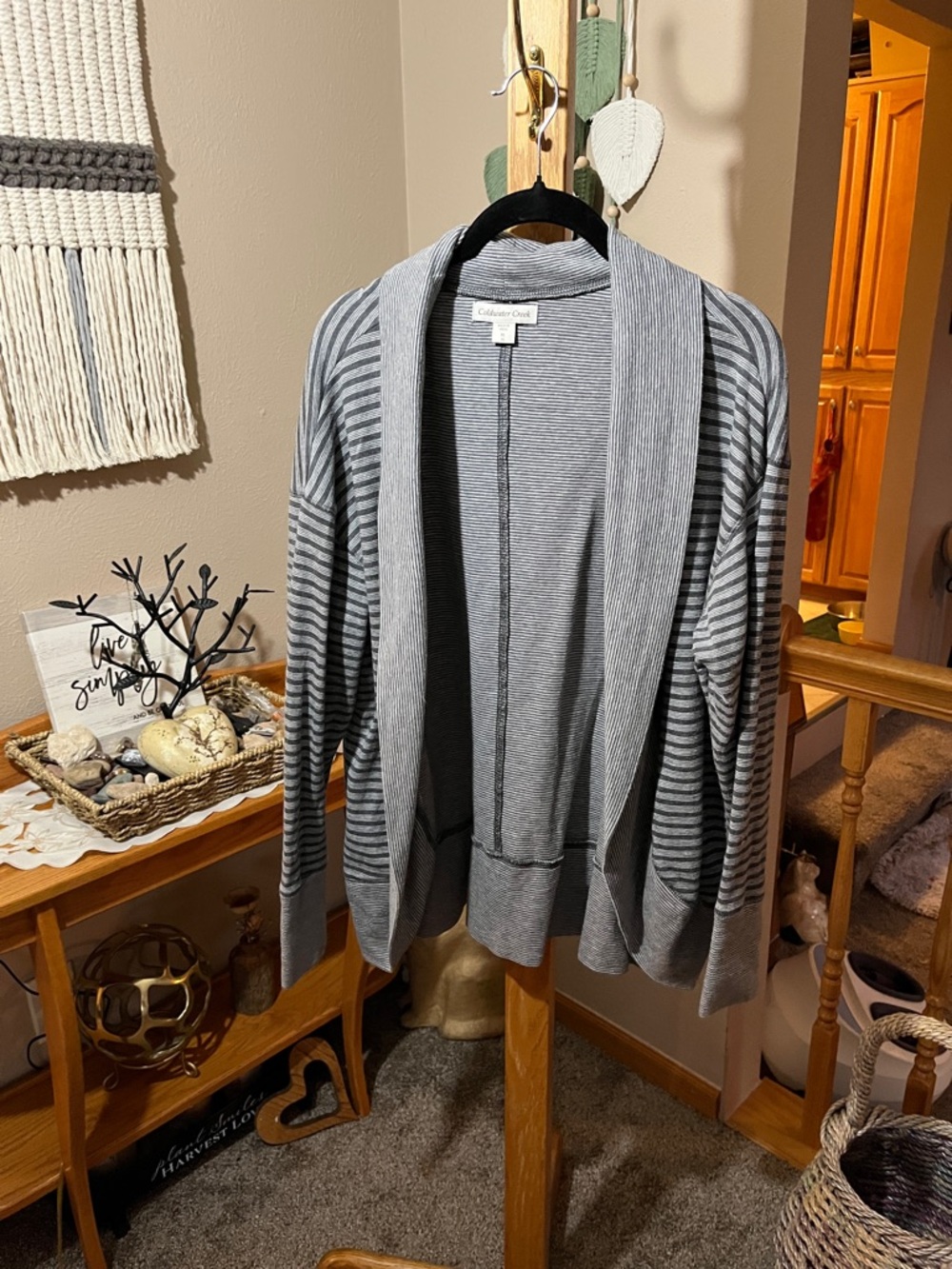 Coldwater Creek Gray & White Striped Open Cardigan